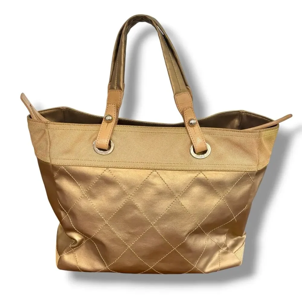 Authentic Chanel Paris Biarritz CC Large Tote Bag Gold Tan Coated Canvas Handbag